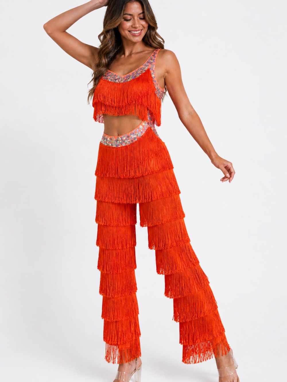 Glamour Orange Tiered Fringe Wide-Leg Jumpsuit